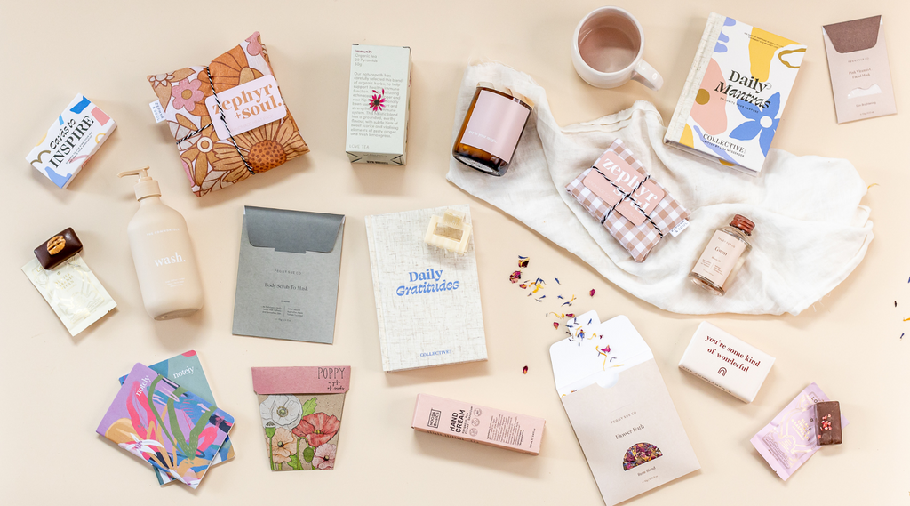 Collection of eco-friendly, Australian wellness products that can be included when creating your own gift box.